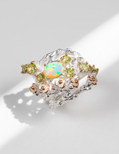 925 Sterling Silver Rainbow Opal Branch Ring