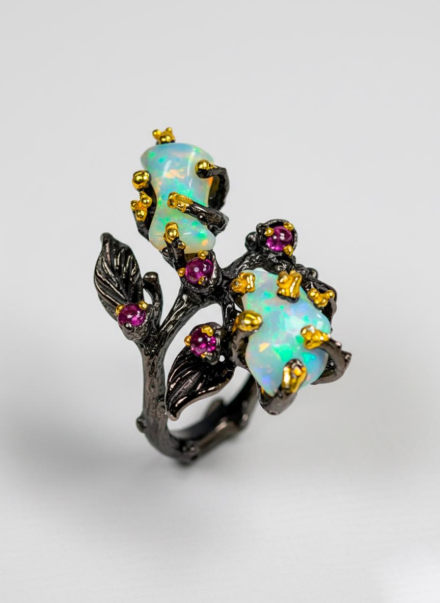 925 Sterling Silver Fire Opal Branch Ring