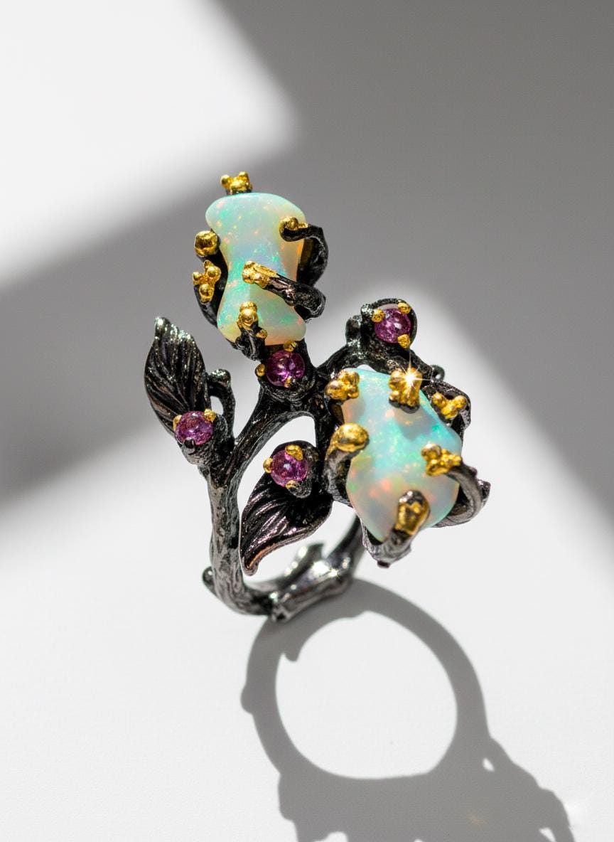 925 Sterling Silver Fire Opal Branch Ring