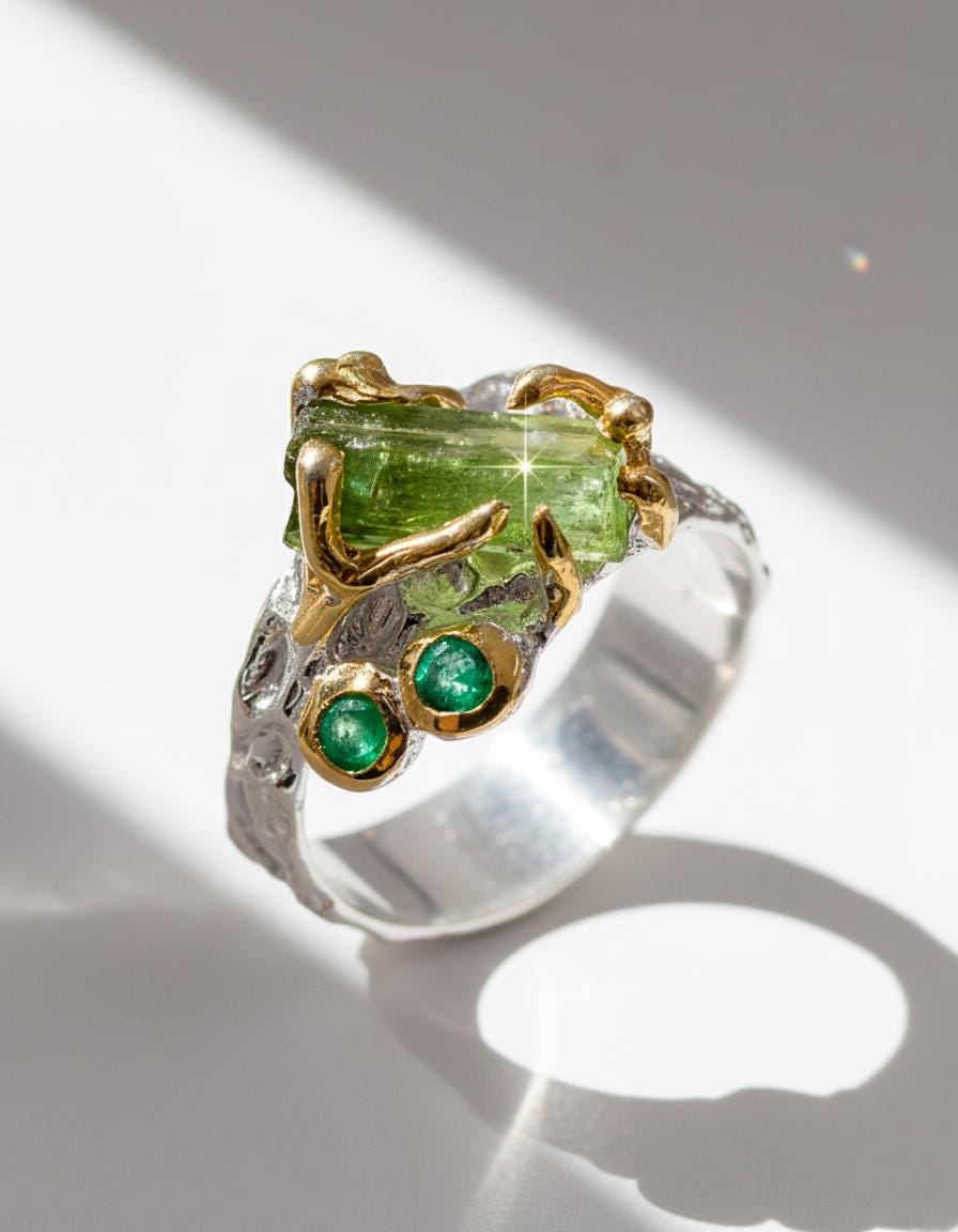 925 sterling silver raw green tourmaline ring