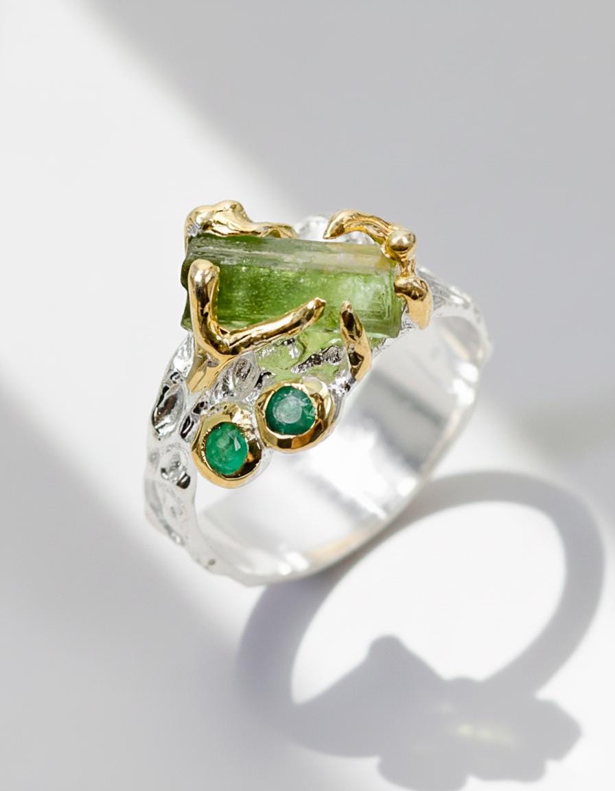925 sterling silver raw green tourmaline ring