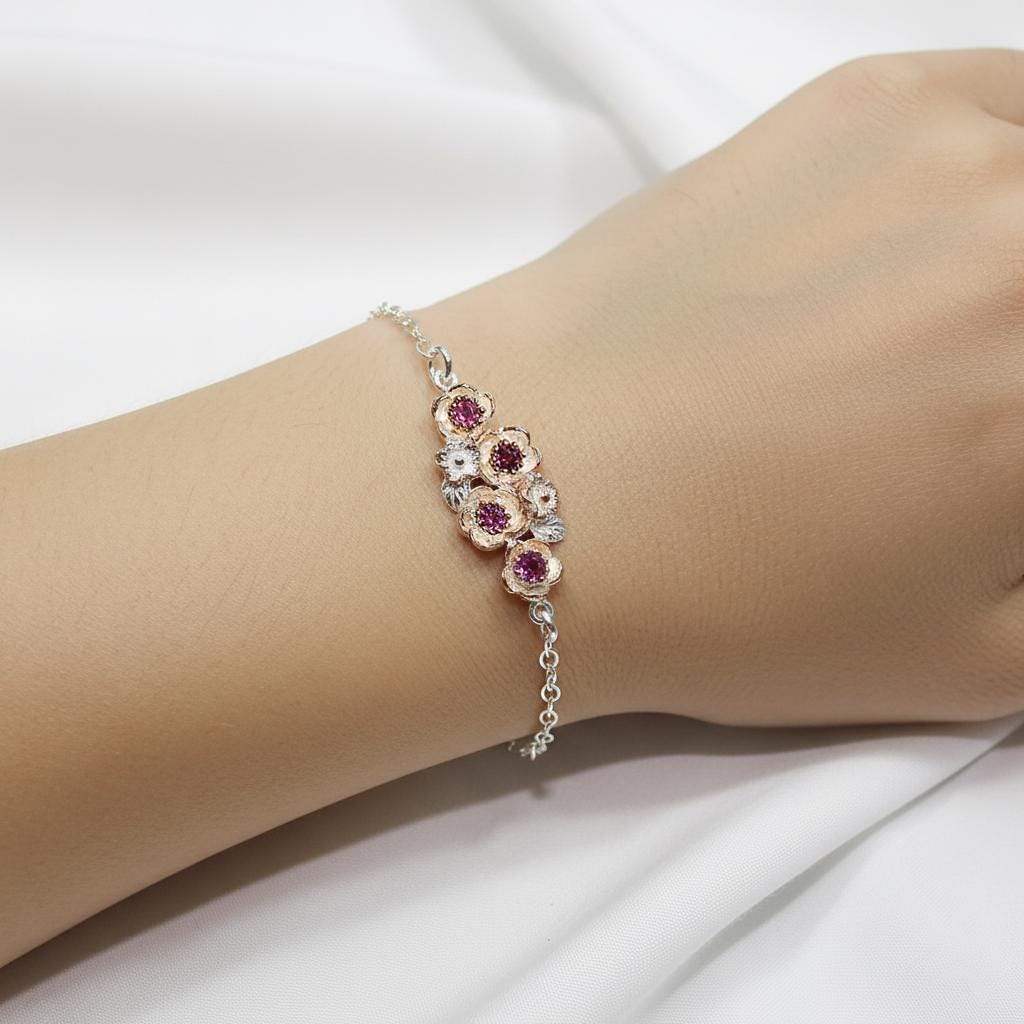 925 Sterling Silver Garnet Chain Bracelet