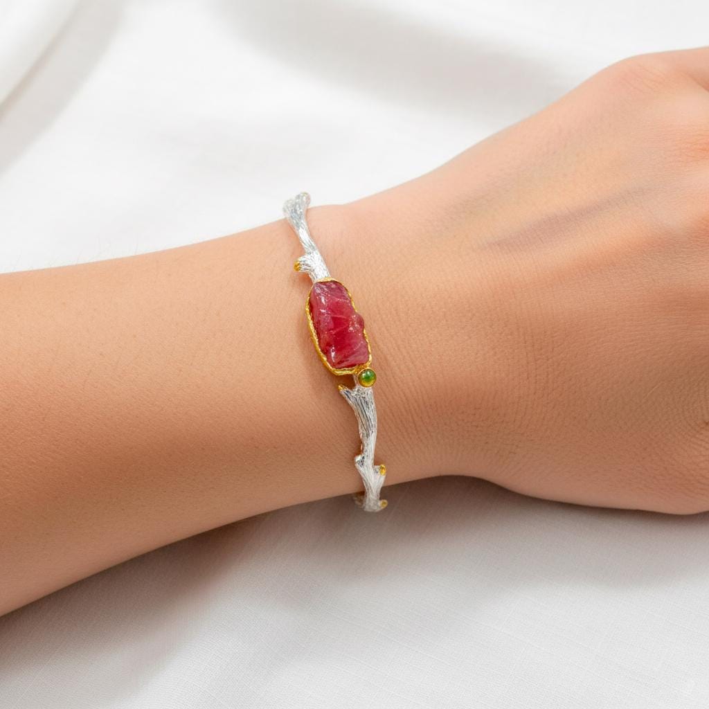 925 Sterling Silver Raw Pink Ruby Cuff Bracelet