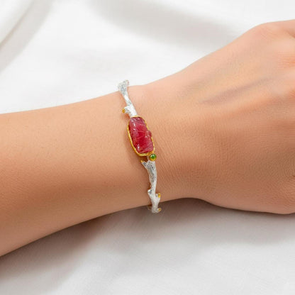 925 Sterling Silver Raw Pink Ruby Cuff Bracelet