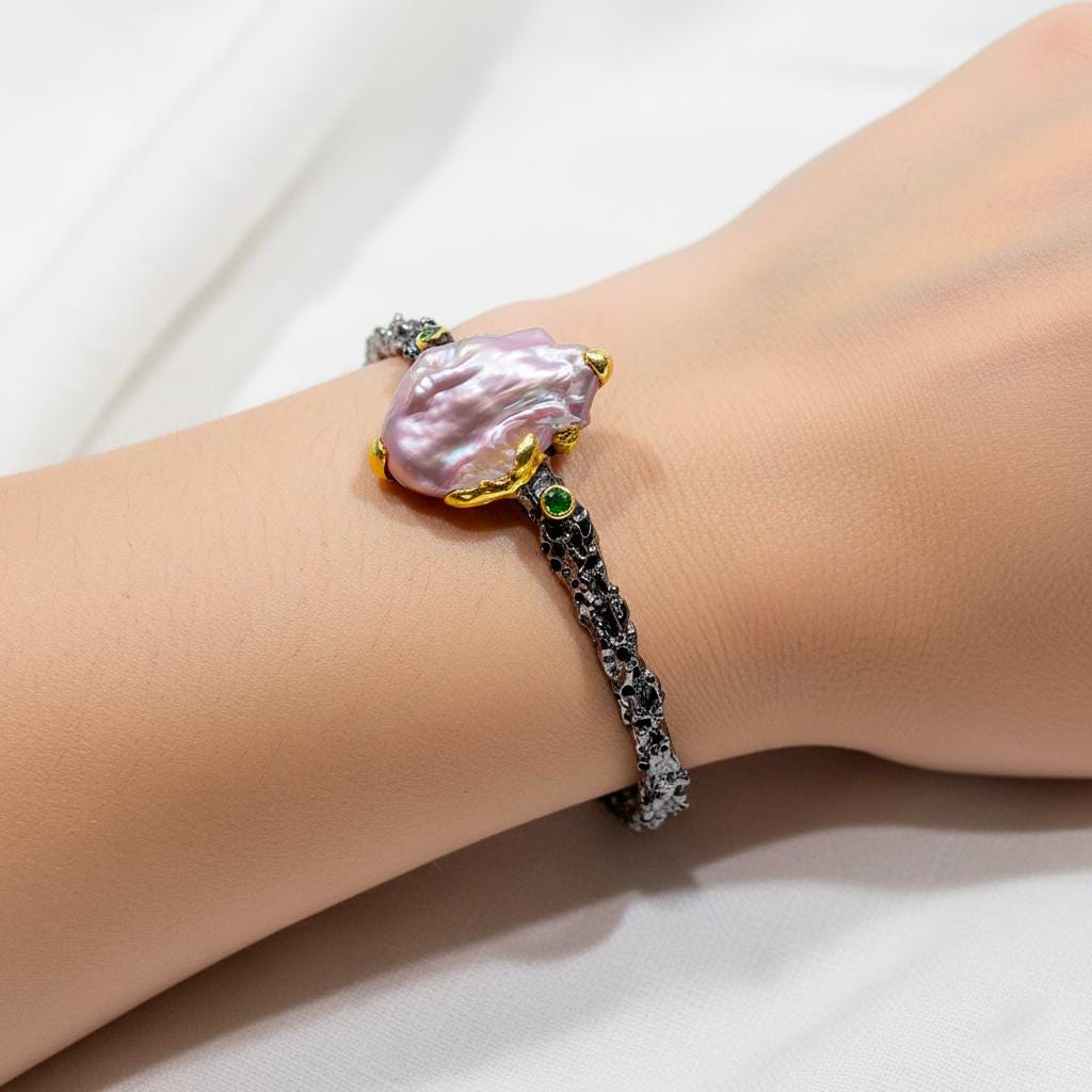 925 sterling silver pink baroque pearl cuff bracelet