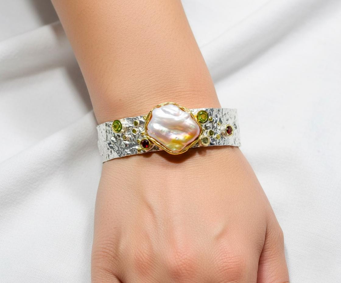 925 sterling silver baroque pearl wide cuff bracelet