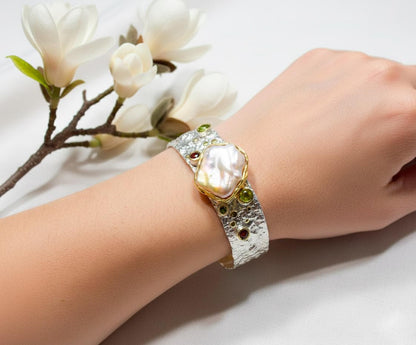 925 sterling silver baroque pearl wide cuff bracelet