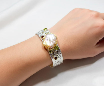 925 sterling silver baroque pearl wide cuff bracelet