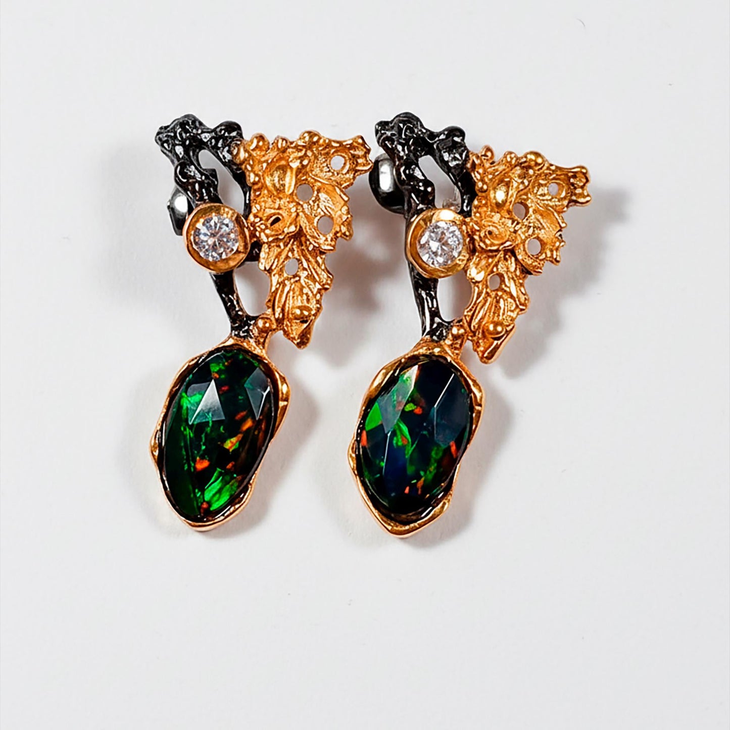 925 Sterling Silver Black Opal Leaf Earrings