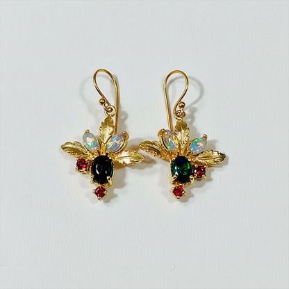 925 Sterling Silver Black Opal Botanical Earrings