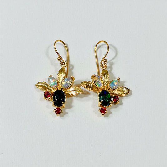925 Sterling Silver Black Opal Botanical Earrings