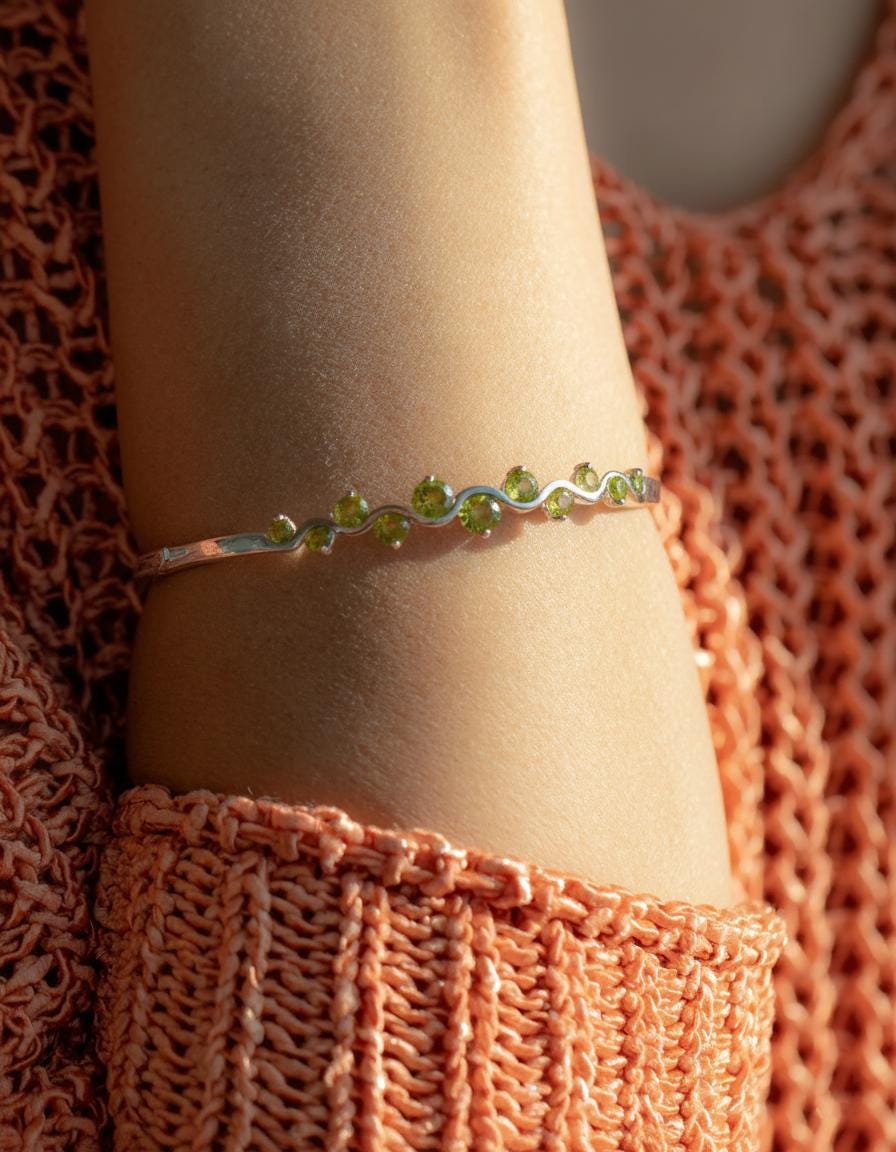 925 Sterling Silver Green Peridot Cuff Bracelet