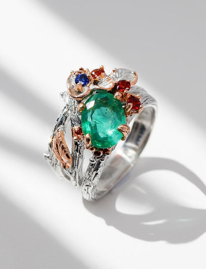 925 Sterling Silver Emerald Nature Ring