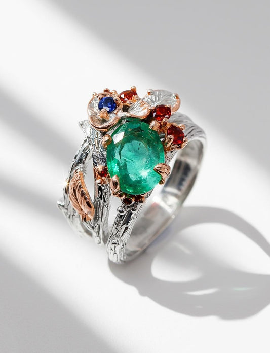 925 Sterling Silver Emerald Nature Ring