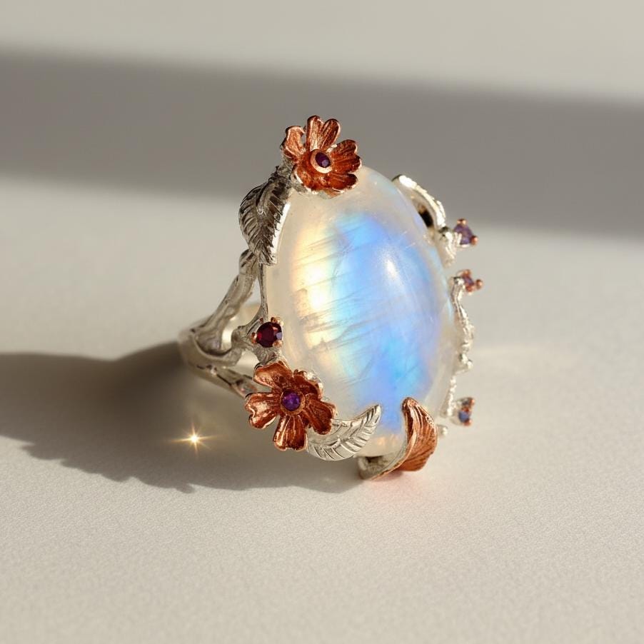 925 Sterling Silver Rainbow Moonstone Flower Ring