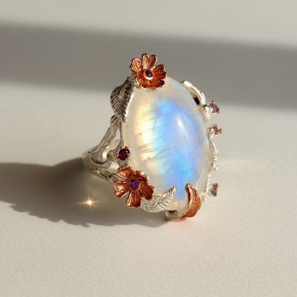 925 Sterling Silver Rainbow Moonstone Flower Ring