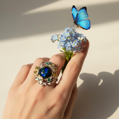 925 Sterling Silver Black Opal Flower Ring