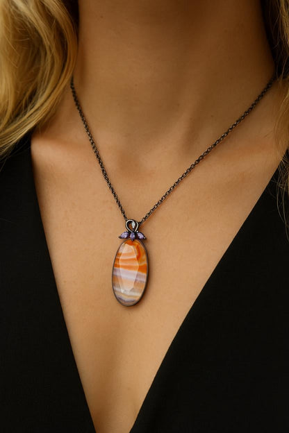 925 Sterling Silver Orange Agate Oval Necklace