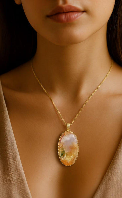 925 Sterling Silver Red Moss Agate Oval Necklace
