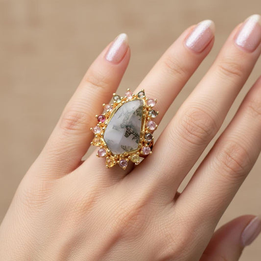 925 Sterling Silver Moss Agate Statement Ring