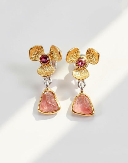 925 Sterling Silver Raw Pink Tourmaline Earrings