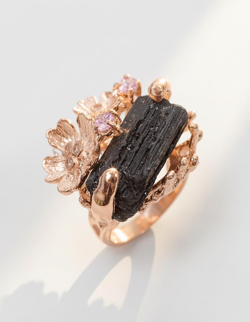 925 Sterling Silver Raw Black Tourmaline Flower Ring