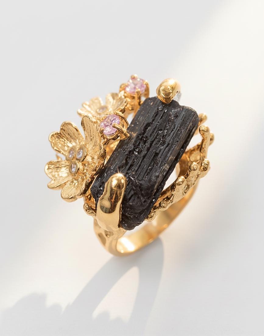 925 Sterling Silver Raw Black Tourmaline Flower Ring