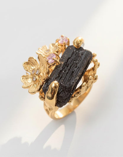 925 Sterling Silver Raw Black Tourmaline Flower Ring