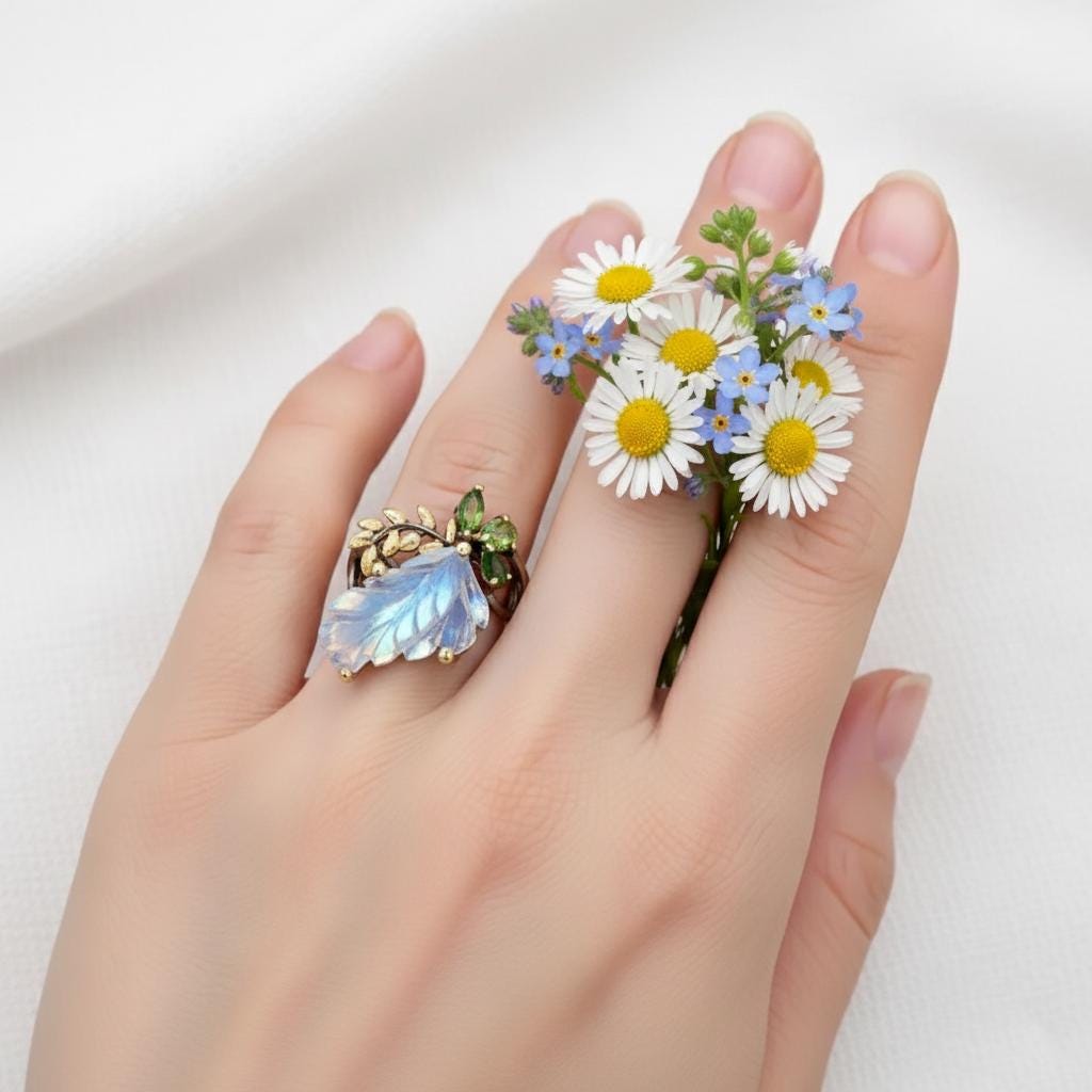 925 Sterling Silver Rainbow Moonstone Leaf Ring