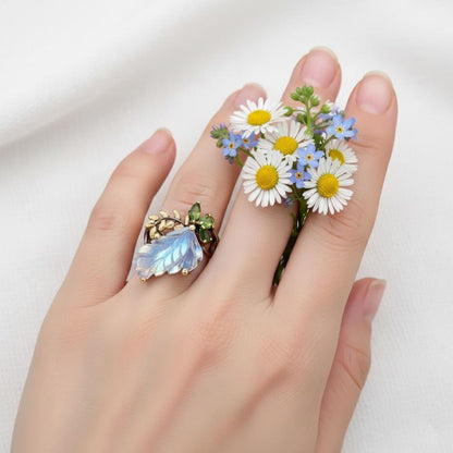 925 Sterling Silver Rainbow Moonstone Leaf Ring