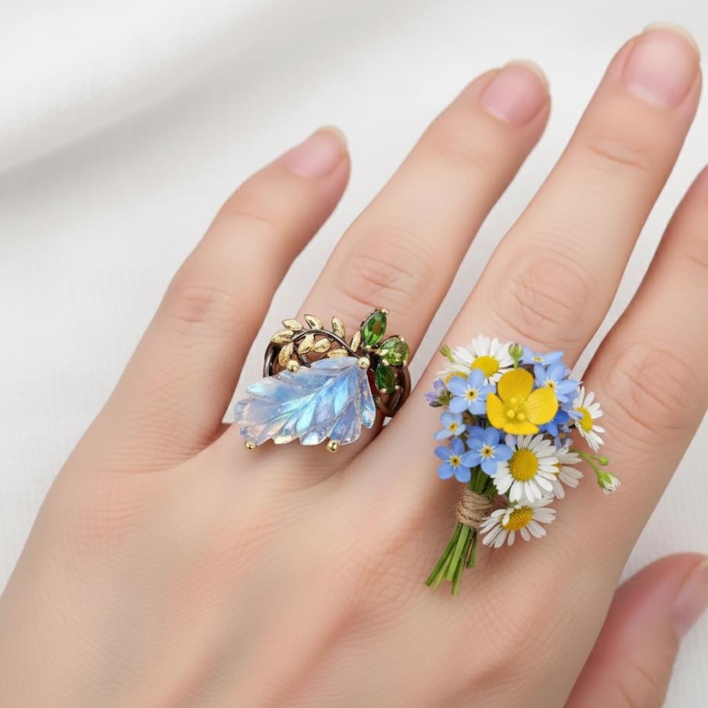 925 Sterling Silver Rainbow Moonstone Leaf Ring