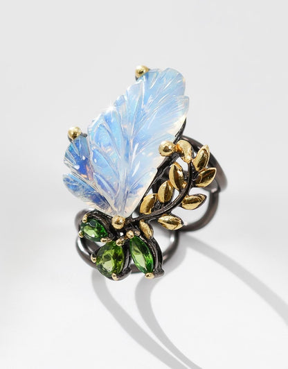 925 Sterling Silver Rainbow Moonstone Leaf Ring