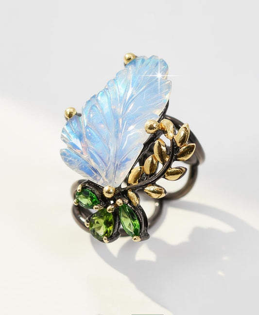 925 Sterling Silver Rainbow Moonstone Leaf Ring
