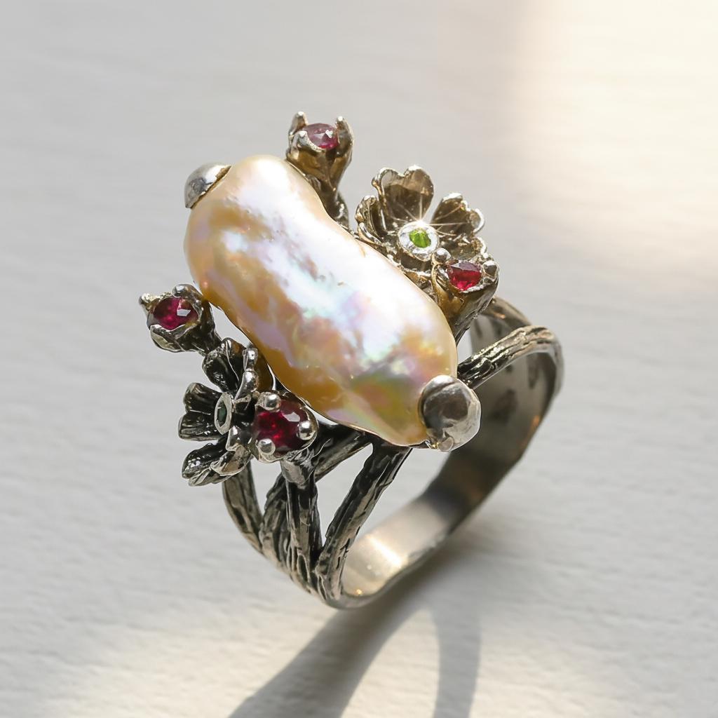 925 Sterling Silver Raw Pearl Branch Ring