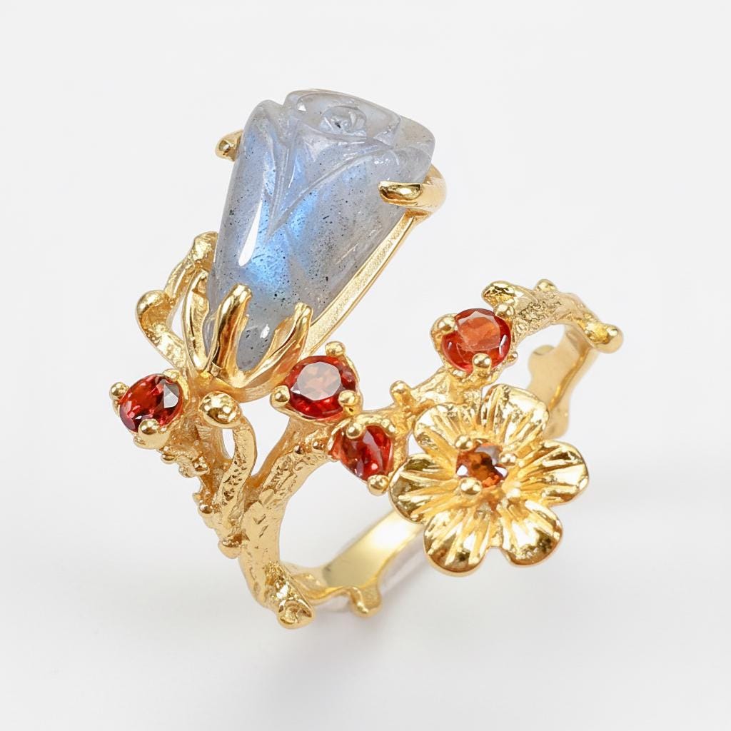 925 Sterling Silver Labradorite Rose Ring