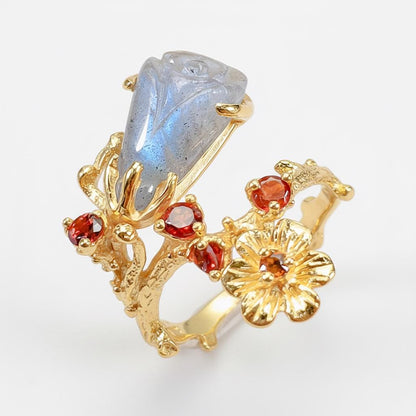 925 Sterling Silver Labradorite Rose Ring