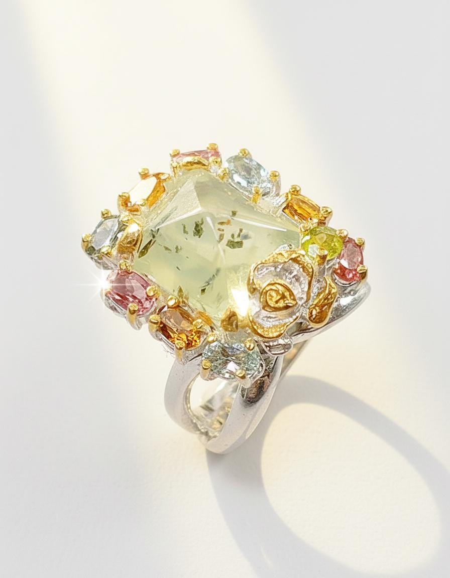 925 sterling silver green prehnite forest ring