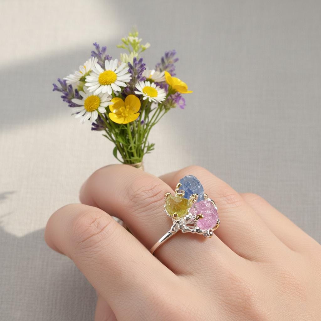 925 sterling silver raw sapphire ruby peridot ring