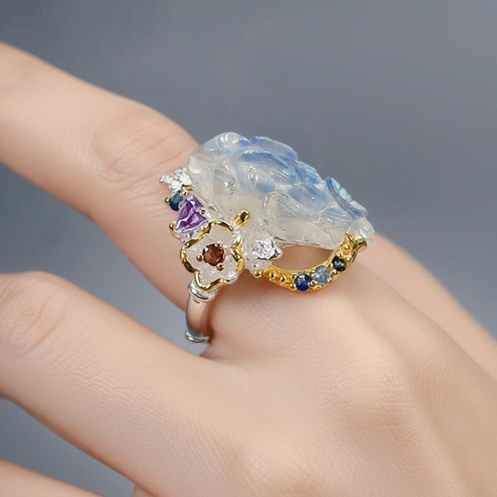 925 Sterling Silver Labradorite Flower Ring