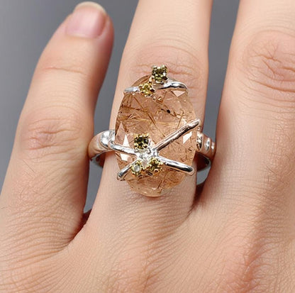 925 Sterling Silver Angel Hair Quartz Statement Ring