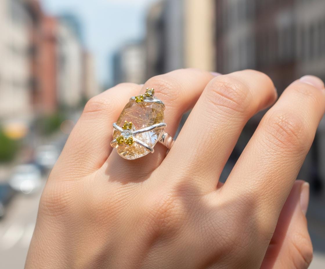 925 Sterling Silver Angel Hair Quartz Statement Ring