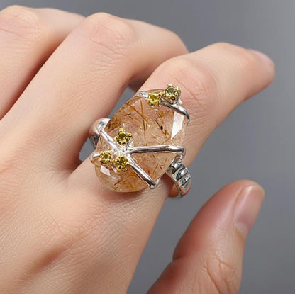 925 Sterling Silver Angel Hair Quartz Statement Ring