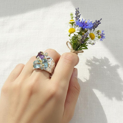 925 Sterling Silver Raw Apatite Amethyst Chunky Ring
