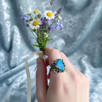 925 Sterling Silver Australian Opal Flower Ring