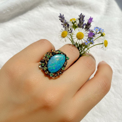 925 Sterling Silver Australian Opal Flower Ring