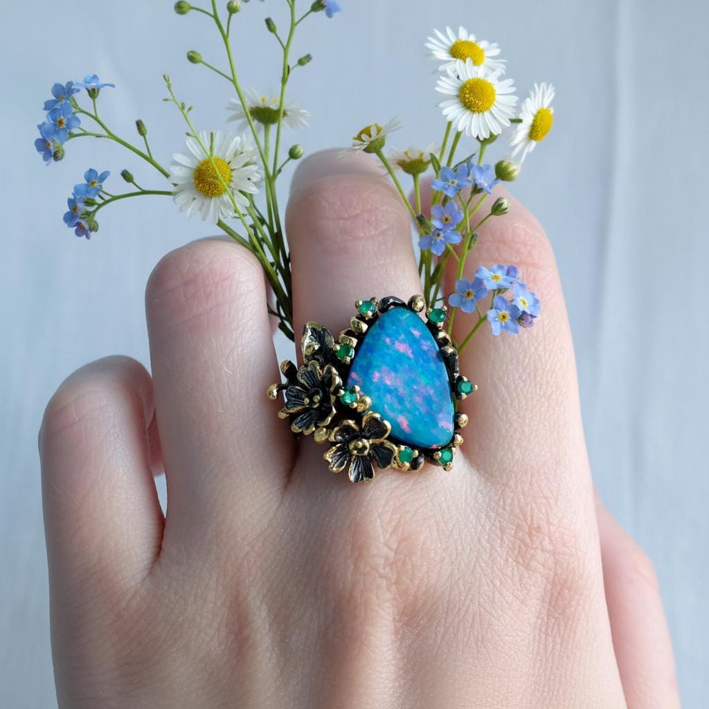 925 Sterling Silver Australian Opal Flower Ring