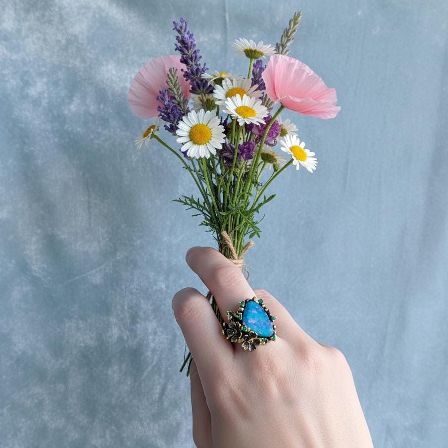 925 Sterling Silver Australian Opal Flower Ring