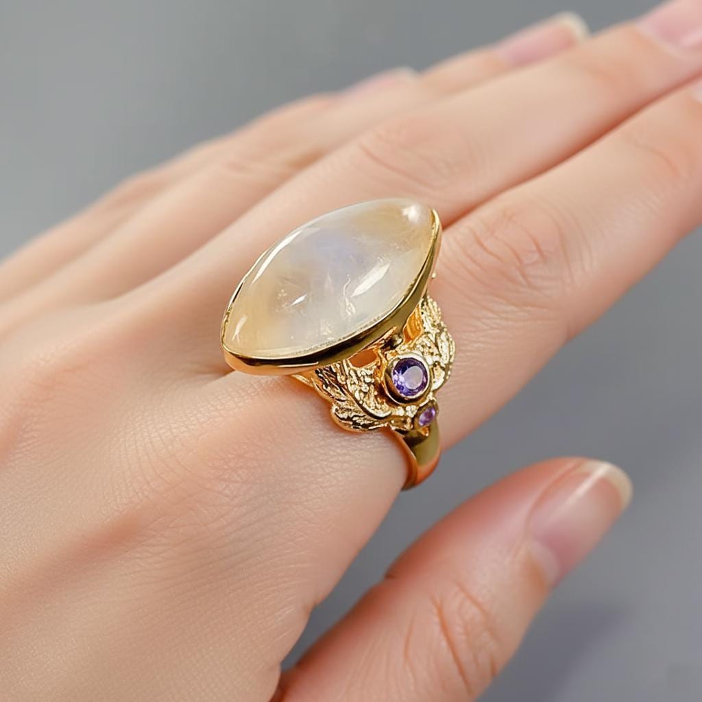 925 Sterling Silver Rainbow Moonstone Leaf Ring