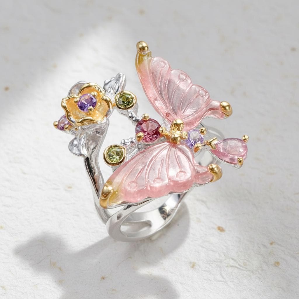 925 Sterling Silver Tourmaline Butterfly Ring