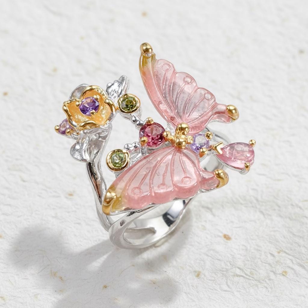 925 Sterling Silver Tourmaline Butterfly Ring